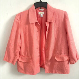 Talbots petites irish linen coral orange collared button down blazer 14P